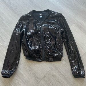 H&M Black Sequin Bomber Cropped Jacket sz S-M